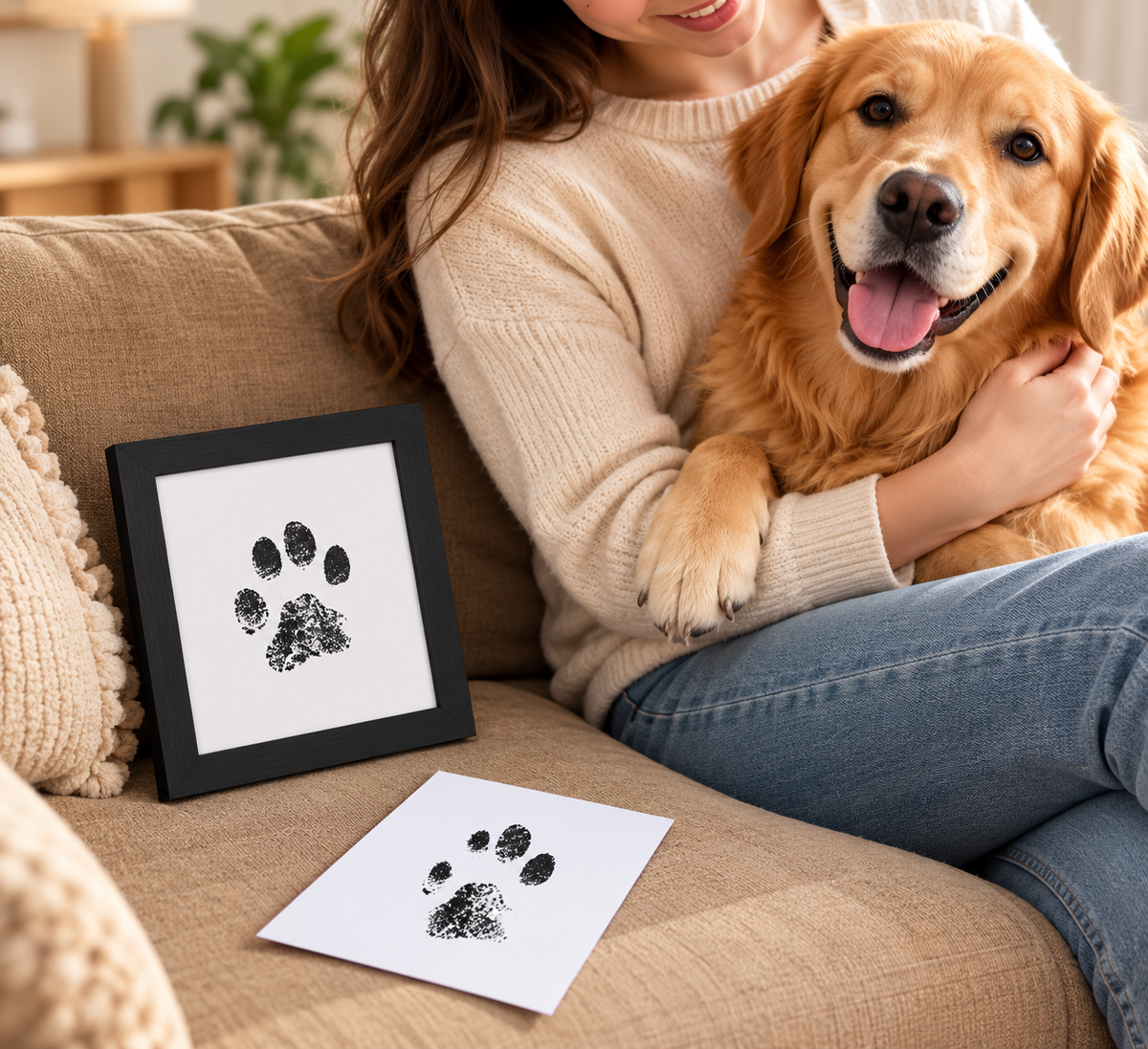 Happy golden retriever on a sofa beside a framed paw print keepsake (frame not included)