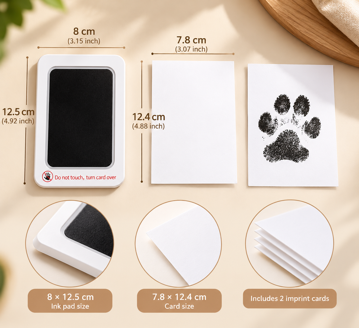 Inkless paw print pad and card dimensions in inches and centimeters