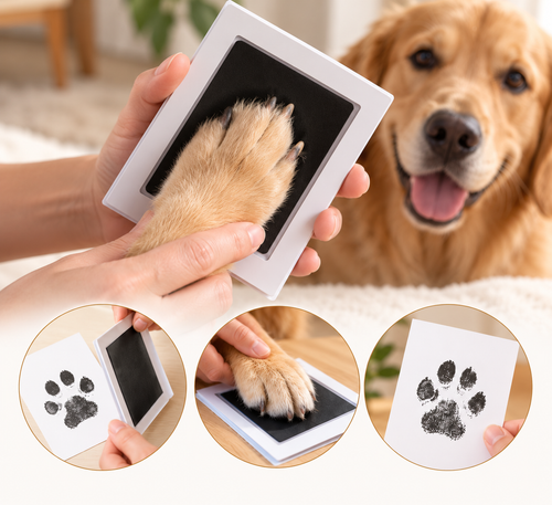 Golden retriever paw pressed on the inkless paw print pad, with the finished print on a white card